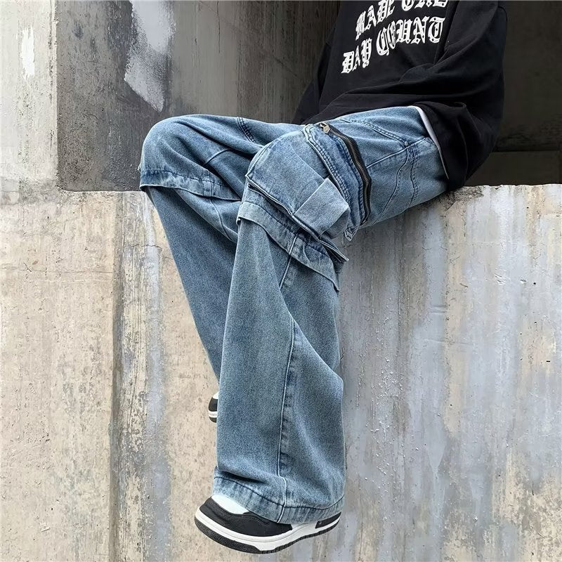 Cargo Jeans Male Wide Leg Loose