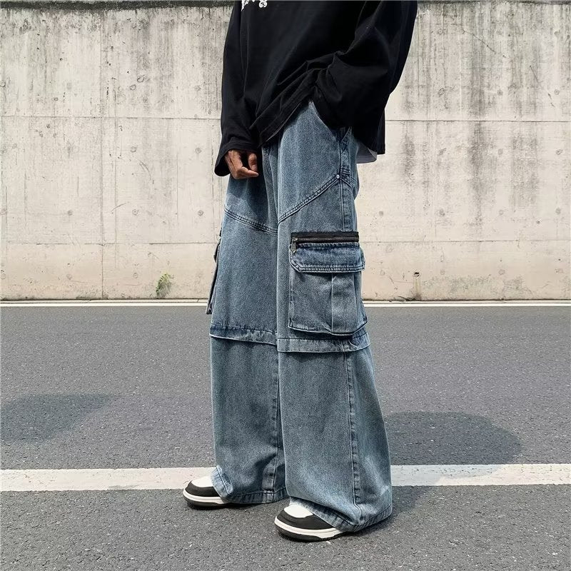 Cargo Jeans Male Wide Leg Loose