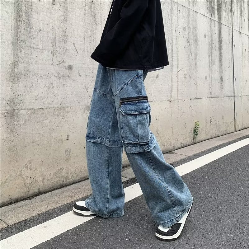 Cargo Jeans Male Wide Leg Loose